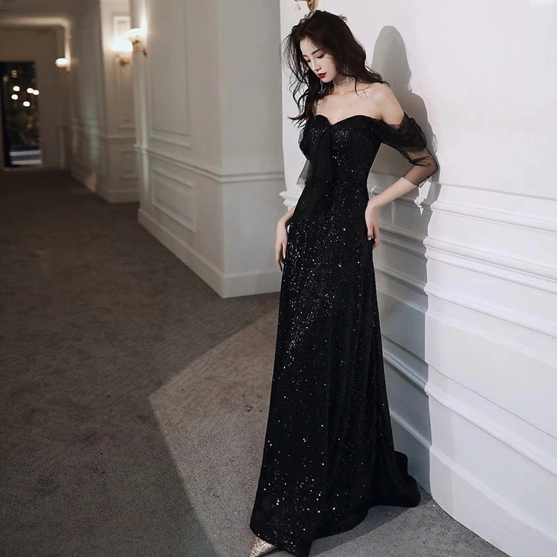 INS話題2026追加パーティドレス ブラックフランス ワンピース 韓国ファッション 卒業式 結婚式 誕 演奏会 花嫁 司会 ドレス