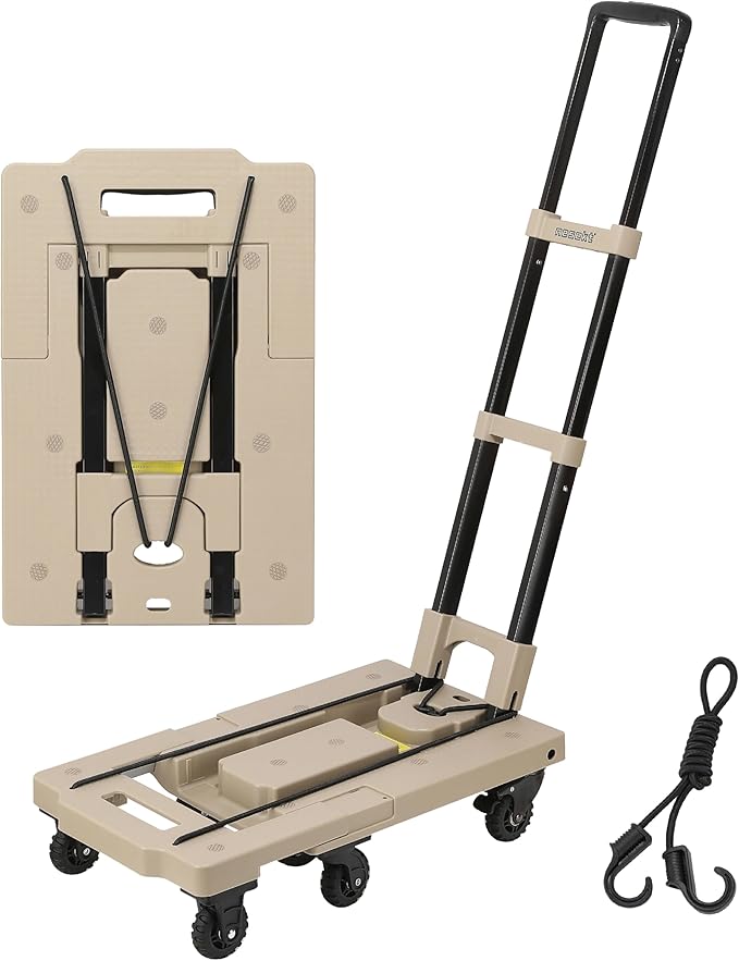 折りたたみ式台車 ストッパー付き静音車輪 耐荷重150kg 軽量コンパクト 固定用ゴムロープ付属 平台車 車載 防災用(サンドベージュ)