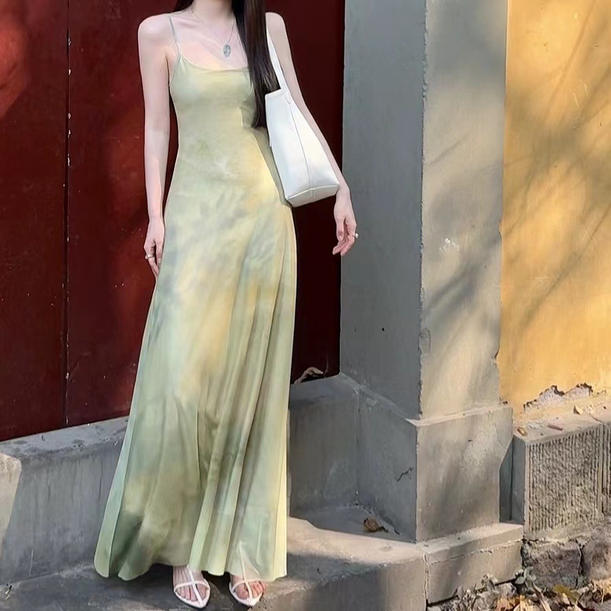 ティーブレイクのんびり海辺リゾートスタイルグリーン汚れサスペンダー超可愛いワンピースレディース夏ロングスカート高級感 5,309円