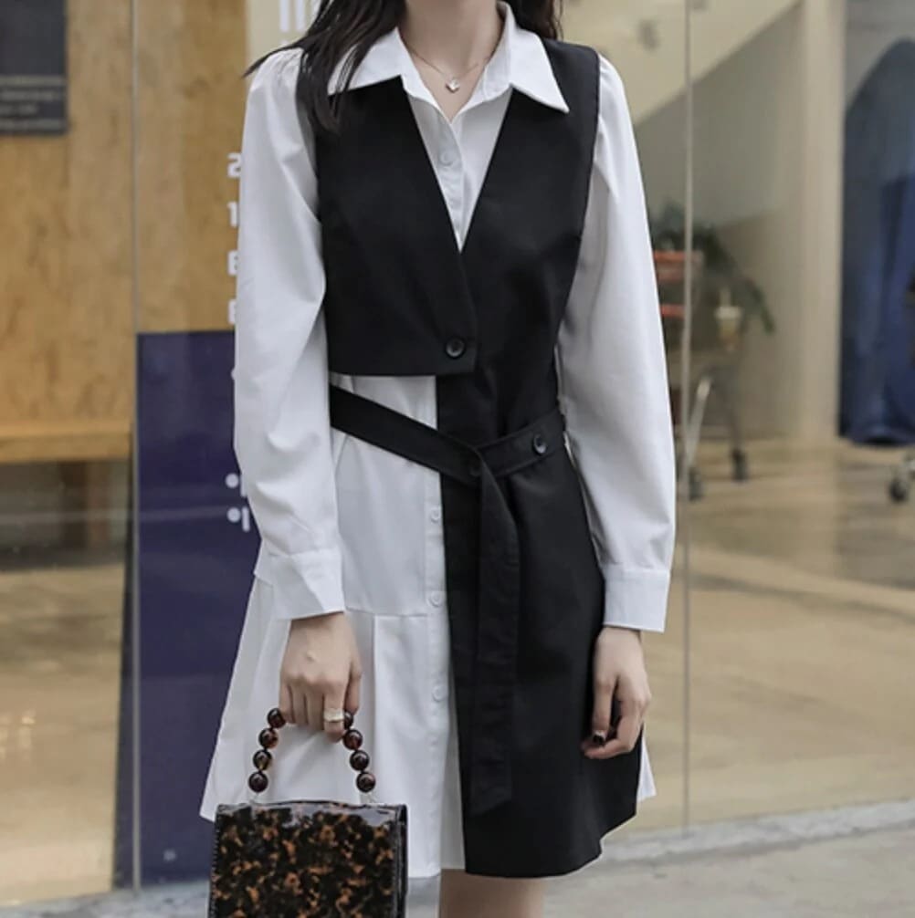 ワンピース デート シャツ かわいい 大人可愛い きれいめ シンプル カジュアル 大人 上品 モノトーン ミニ丈 長袖 モード系 個性的 かっこいい フレア デート 学生 お出かけ ブラック 韓国 7,207円