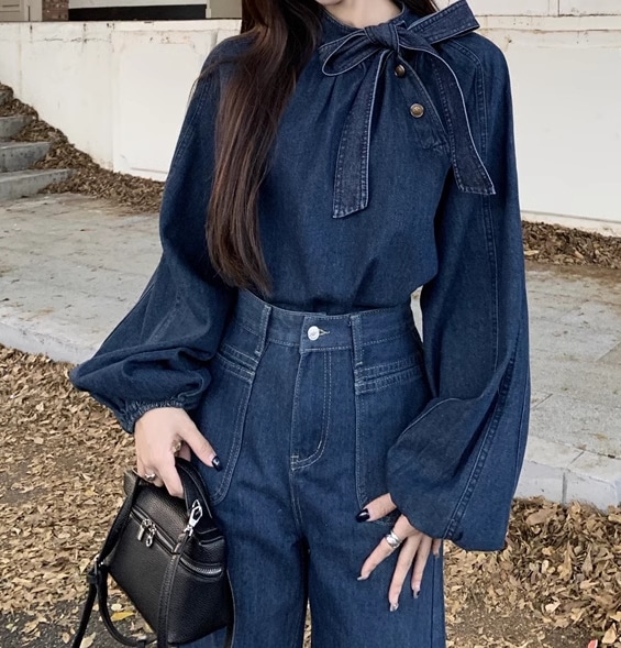 レディース トップス パンツ プルオーバー セットアップ デニム ロングパンツ ストレート ストリート リボン サイドボタン ハイウエスト ドッキング デニム ブルーデニム 大人可愛い シンプル