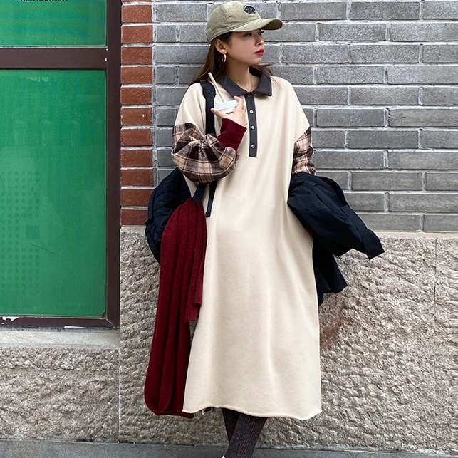 ワンピース ロングワンピース 長袖 襟付き 重ね着風 異素材ミックス ハーフボタン ロング丈 ポケット かわいい 大人可愛い きれいめ シンプル 上品 おしゃれ 大人女子 こなれ感 ラフ ルーズ