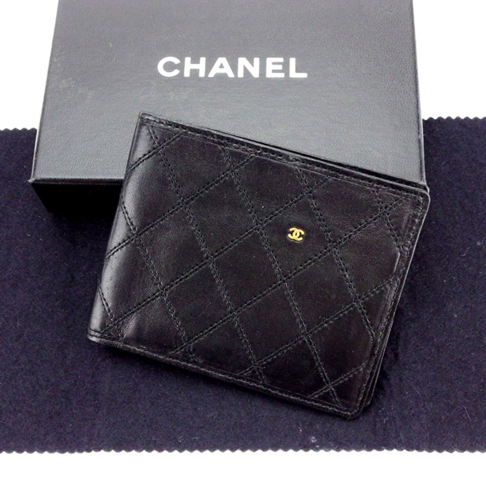 二つ折り 札入れ オールドシャネル マストライン ココマーク付き ブラック ゴールド 中古