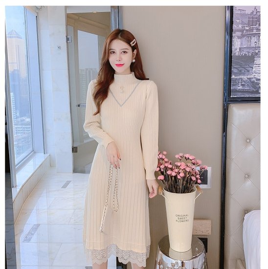 【取寄：納期2週間】ニットワンピース ハイネック レース リブニット ワンピース レイヤード風 重ね着風 レース裾 Vネック ミディアム丈 ロング丈 ひざ下 レディース ボトルネック Aライン