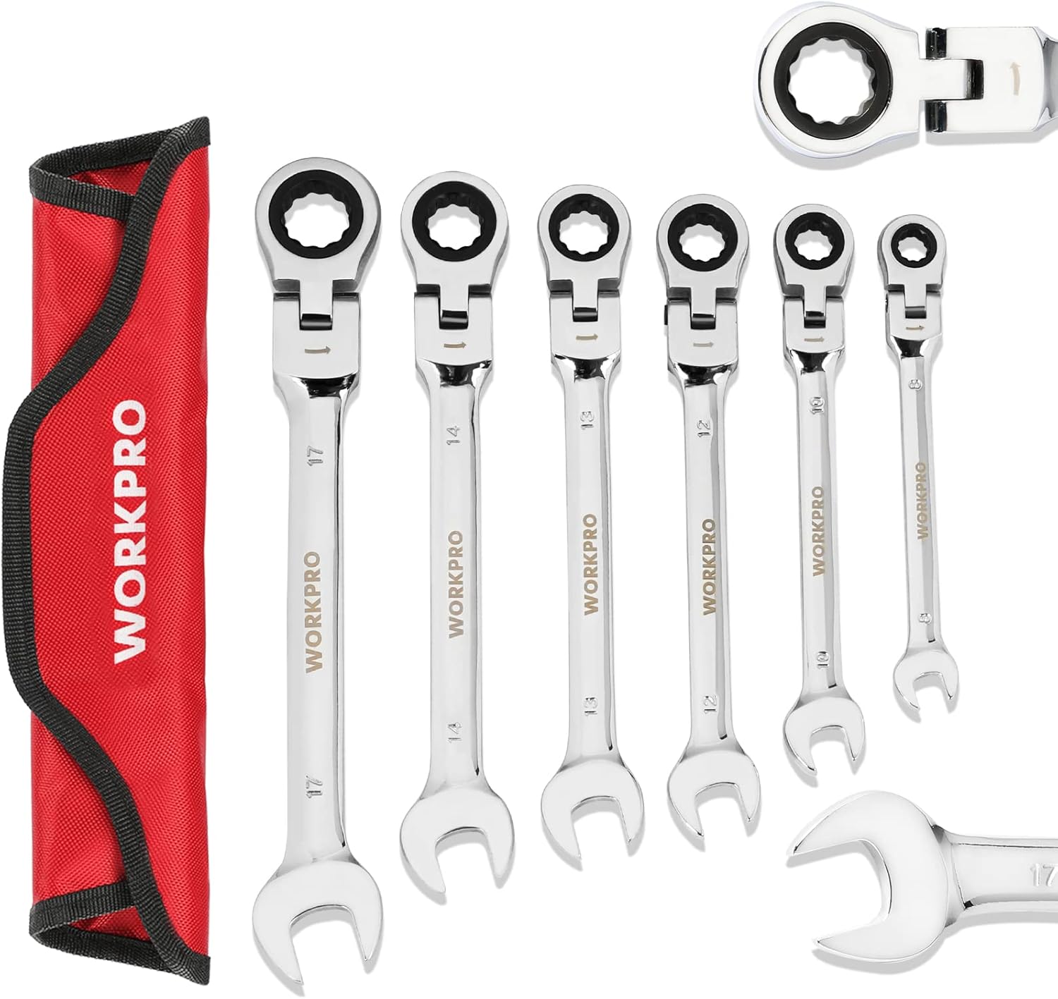 角度調整可能な両用ヘッド付きフレックスラチェットレンチセット 72ギア 6本組 収納袋付き