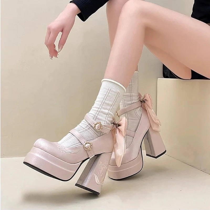 【急速発送】ロリータハイヒール2025可愛いリボンサーキュラード太ヒールパンプス