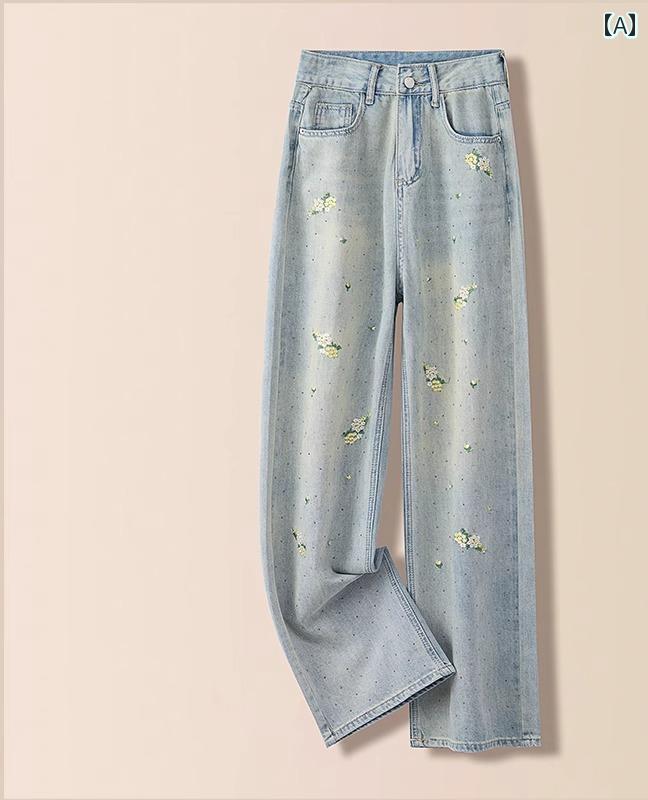 デニム パンツ ボトムス レディース 中国風 ジーンズ 春夏 刺繍 ハイウエスト レトロ ストレート ワイドパンツ 青 7,071円
