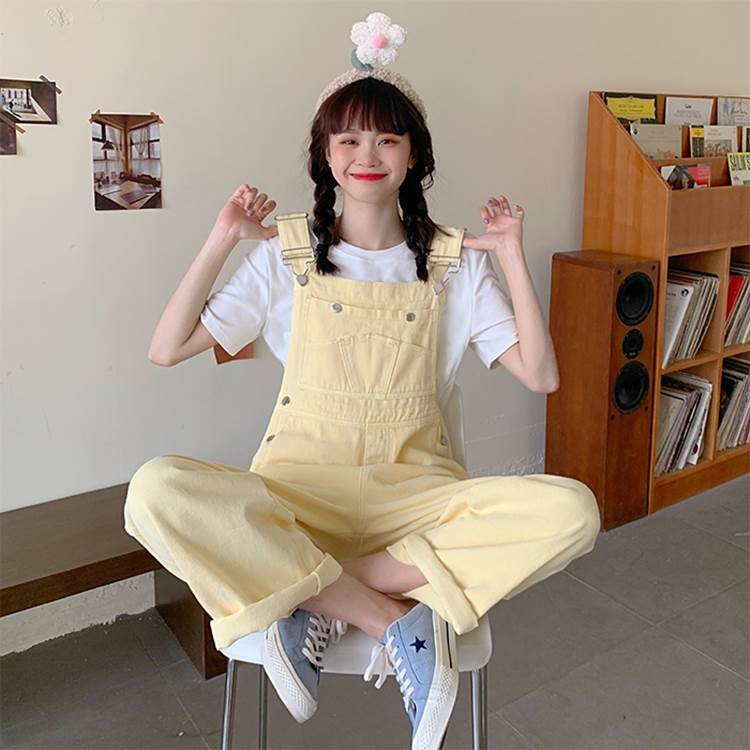 デニム オーバーオール サロペット レディース 個性的 無地 黄色 S M L パステルカラー シンプル カジュアル ベーシック アメカジ ストリート 体型カバー ラフ