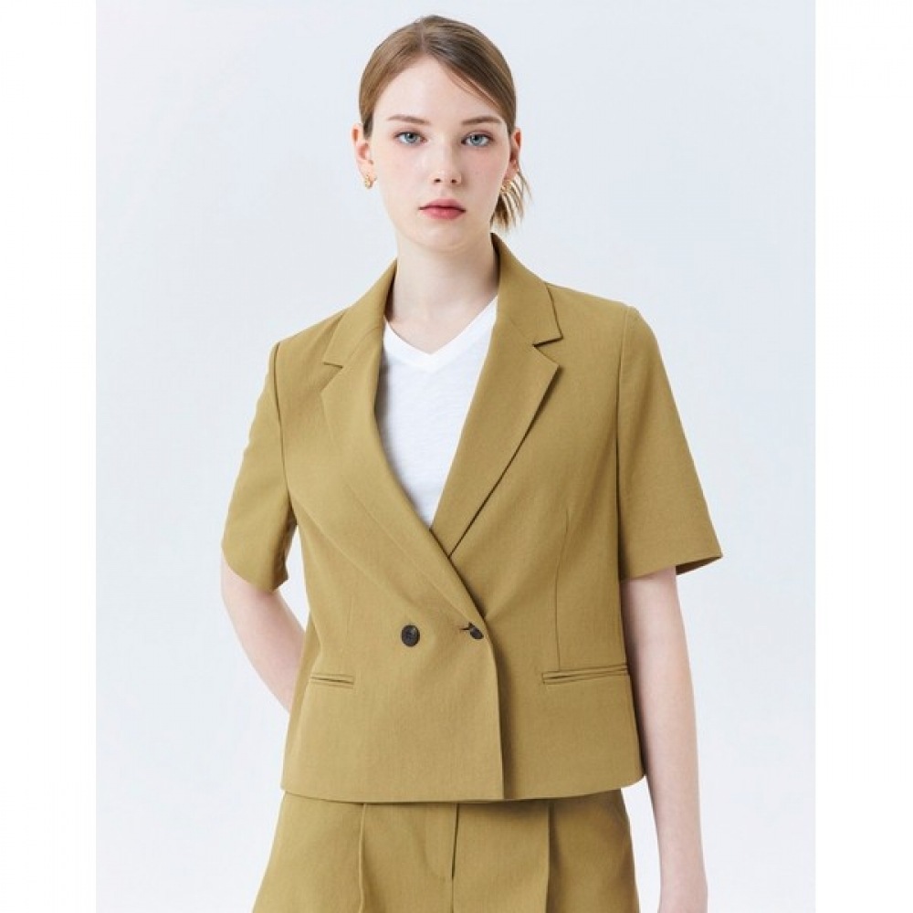 (ヘッジズレディース) 24SS カーキソリッドリネンブレンドショートスリーブジャケット HSJA4B491K2