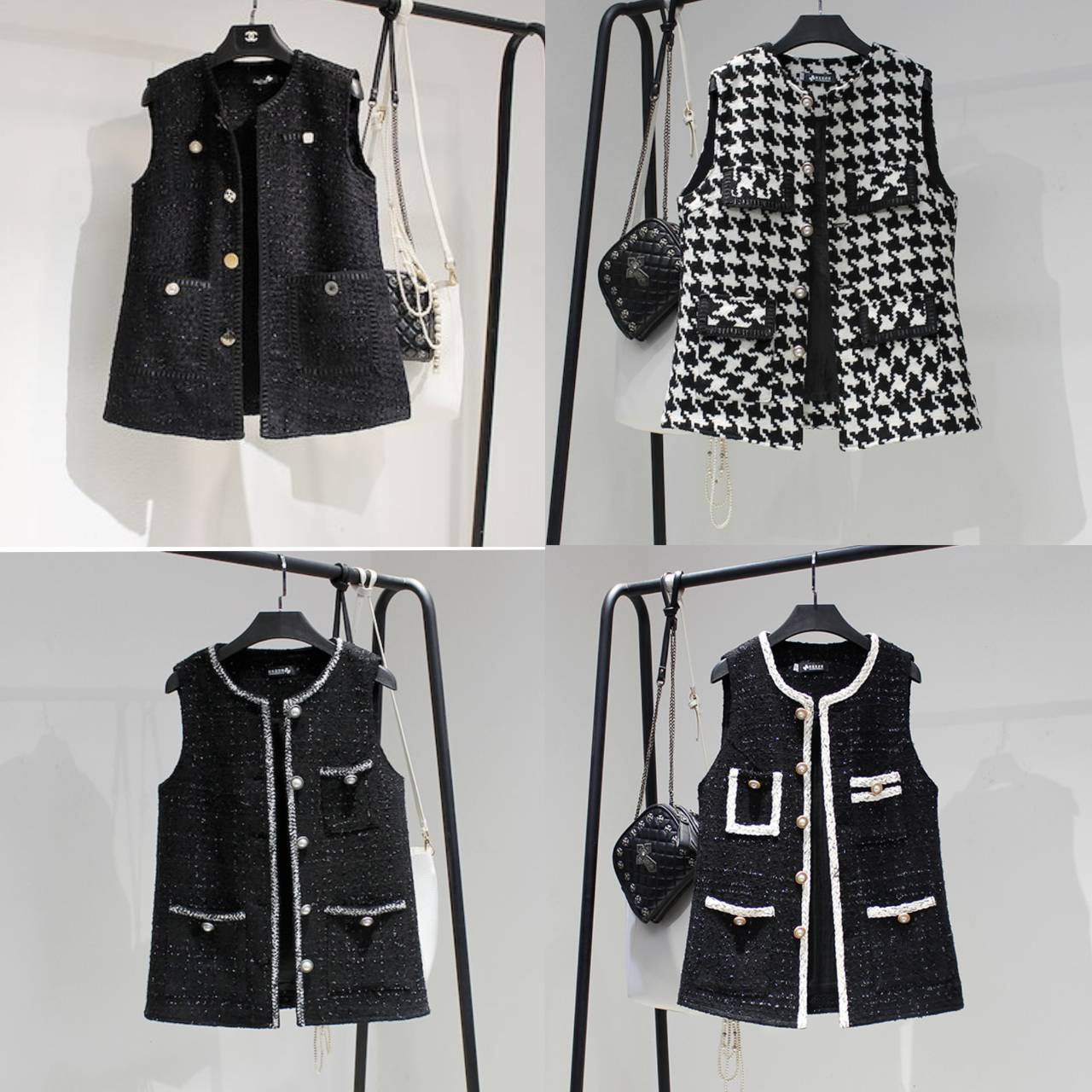 【大きいサイズあり】ツイードジレ ツイード 千鳥格子柄 パールボタン ジレ ベスト トップス レディース ショート コート レディース 春 秋 冬 オフィスコーデ ママコーデ 体型カバー C183