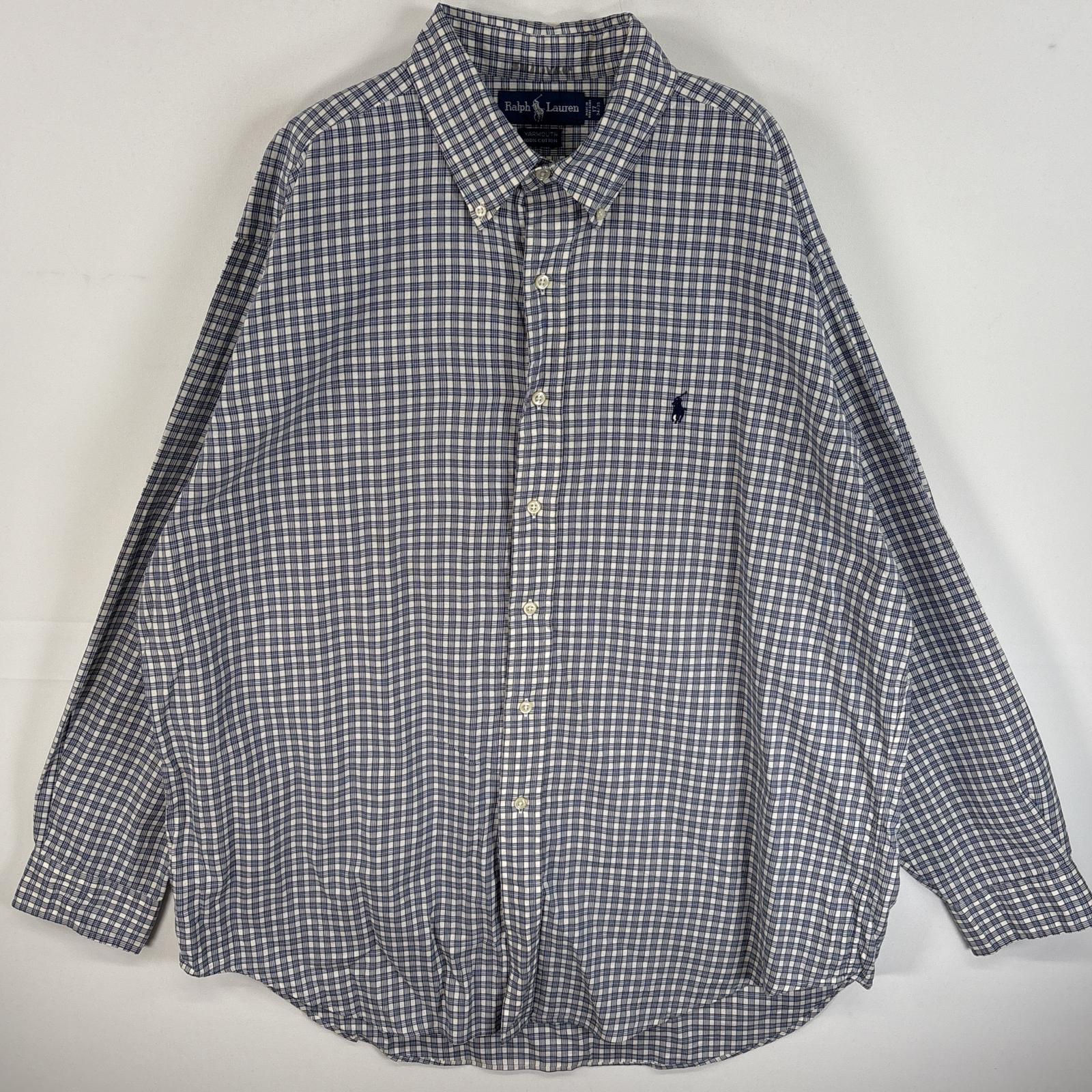 古着 90s/90年代 長袖シャツ ボタンダウンシャツ ワンポイント ロゴ 刺繍 薄手 17 XL ネイビー系 チェック メンズ