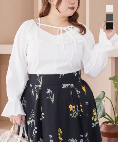 大きいサイズ レディース LL 3L 4L XL XXL XXXL CLETTEオリジナルデコルテリボン2WAYフリルプルオーバー