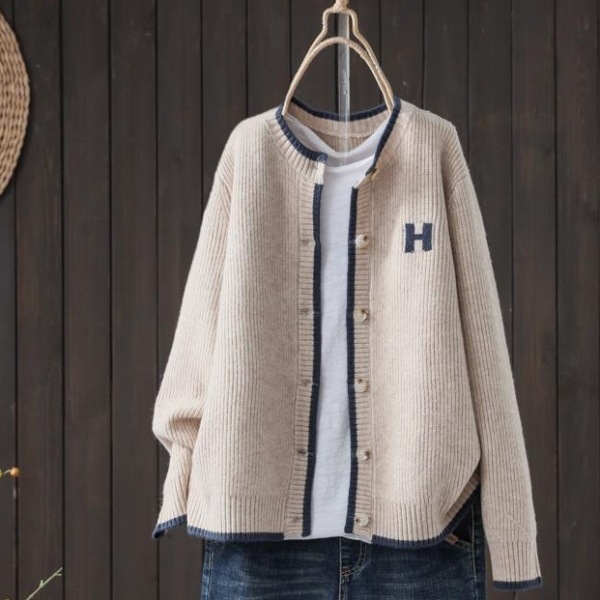 【女性大人気】 アルファベット ラウンドネック ニット シングルブレスト カーディガン