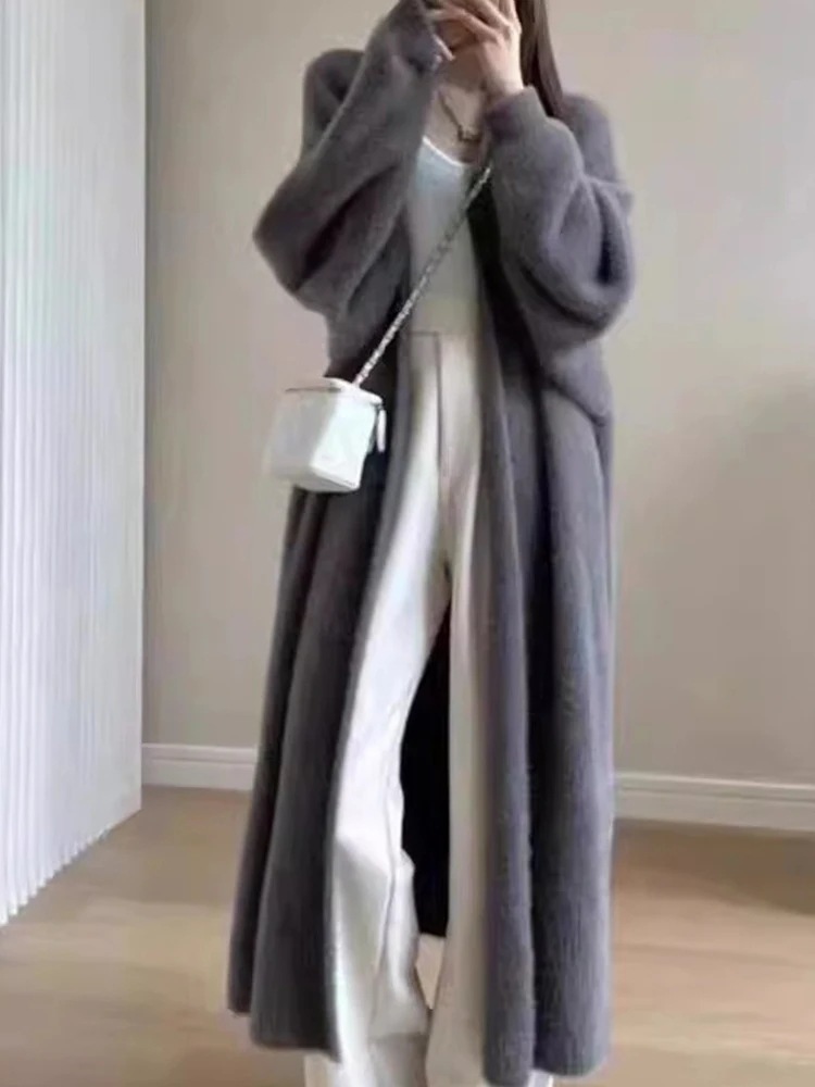 女性のための暖かい膝丈の厚いカーディガン,怠惰なスタイル,純粋な模造ミンクフリース,ニットセーター,女性のための暖かいコート,秋,冬 - AliExpress 200000345