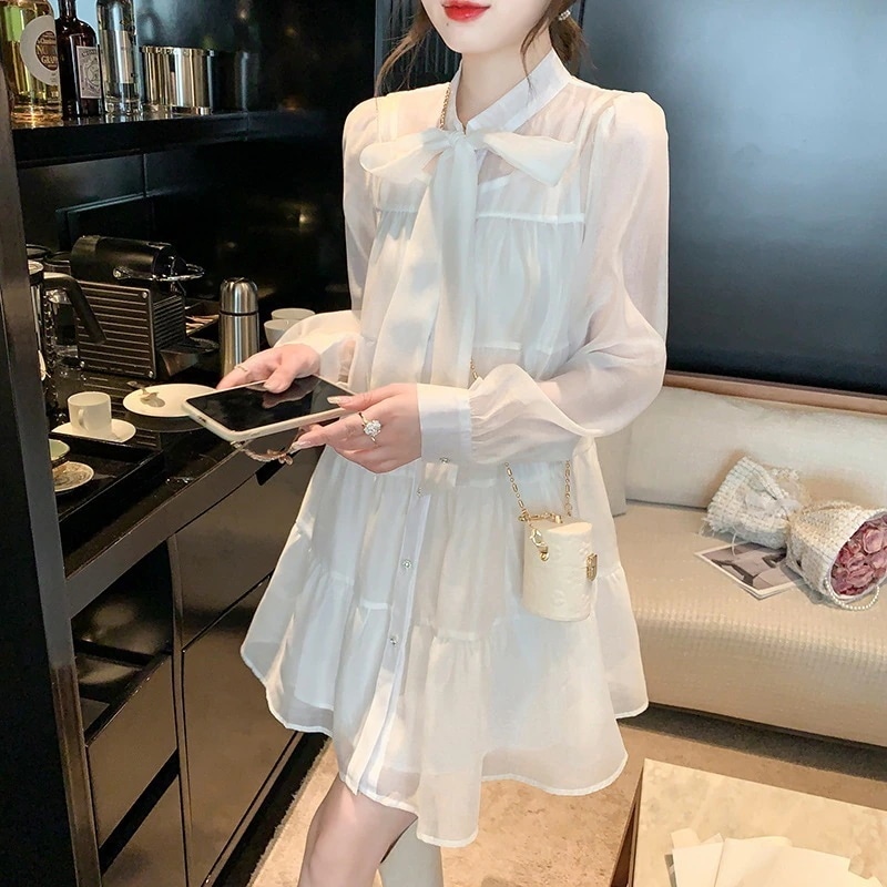 シャツワンピース レディース 40代 きれいめ 膝丈ワンピース 春秋 長袖ワンピース リボンネック