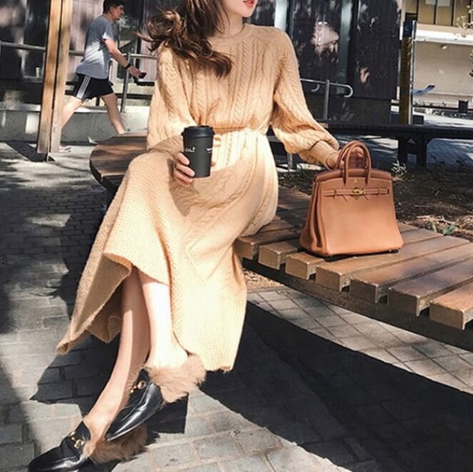 3color ニットワンピース ケーブルニット ロングワンピース ロング丈 膝下 長袖 5,368円