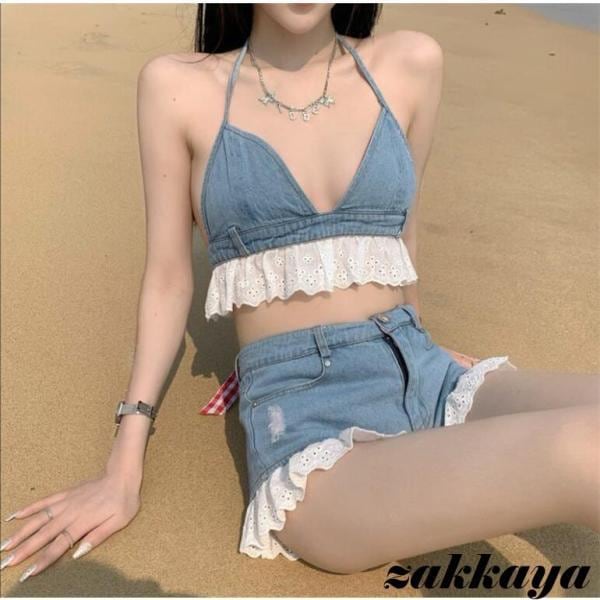 水着 レディース デニム 2点セット ショートパンツ レース付き デニムパンツ タンキニ 可愛い ビキニ 海の日 通販