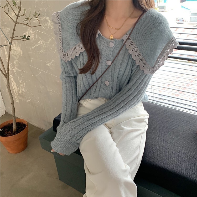 ３色 トップス ニット セーター レディース 秋冬 冬 かわいい カジュアル 長袖 長袖 Vネック ラウンドネック 襟付き ワイドカラー でか襟 レース ふわふわ 前開き 伸縮性 ホワイト ブルー パ