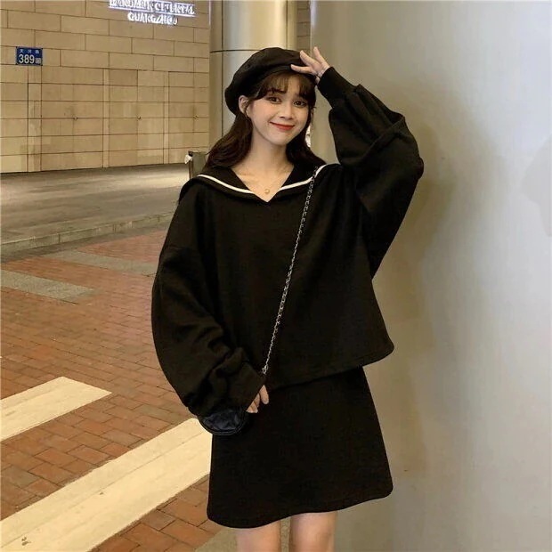 ワンピースセット パーカー韓国ファッション ロンT ゆったりスウェットパーカー スウェットベスト 大きいサイズ ゆったりネイビーネック ゆったりスウェット