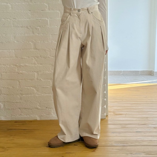 韓国ファッション シンプル ハイウエスト ピンタック コーデュロイ ワイド パンツ