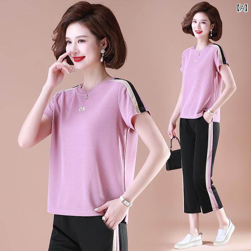 セットアップ レディース おしゃれ ファッション カジュアル スポーツ 大きいサイズ 夏 半袖 Tシャツ トップス 2点 セット