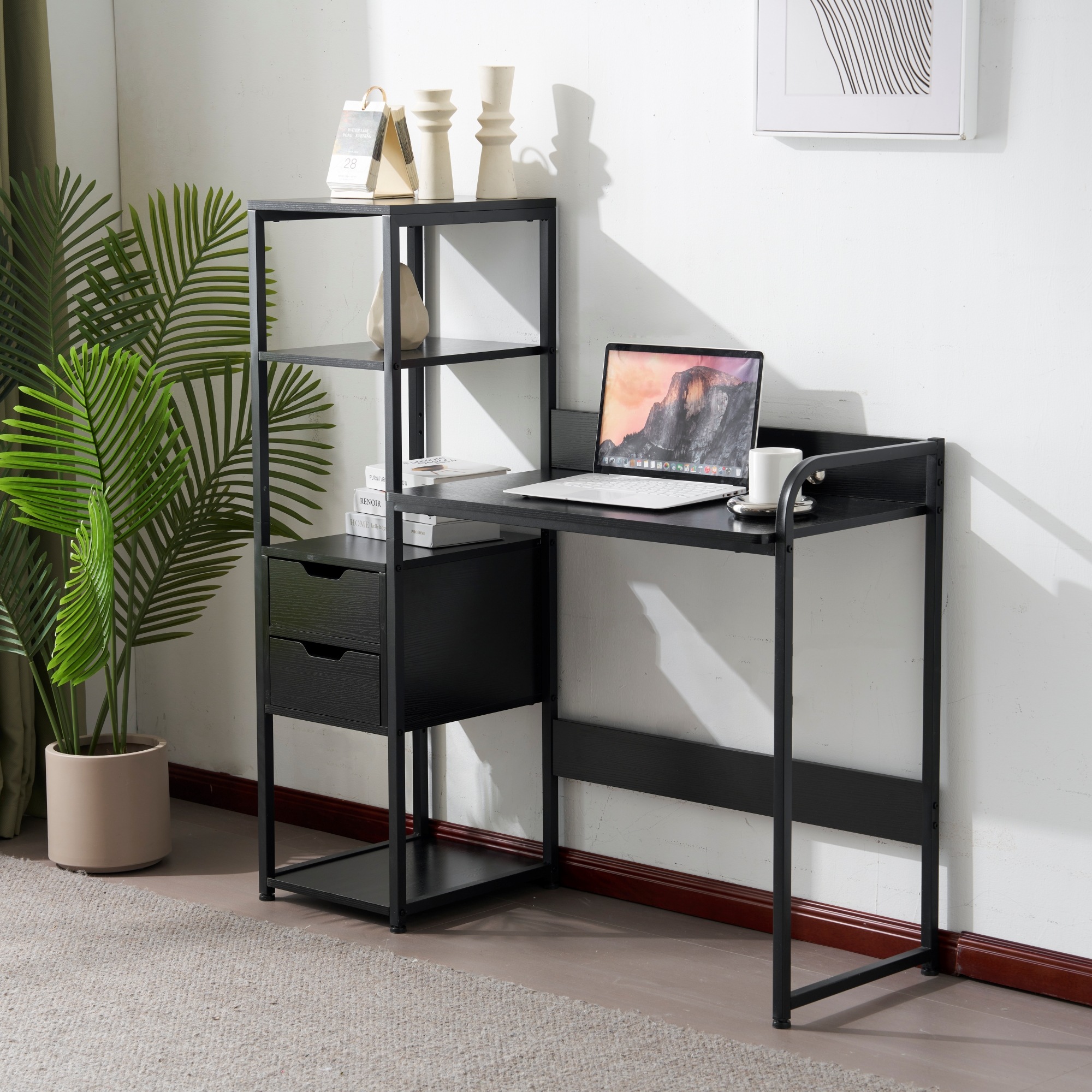 【当日発送&送·料·無·料】【人気商品】【ブラック】パソコンデスク 引き出し付き パソコンデスク 3段シェルフ付 ミシン台 木製 勉強机-115 学習机 書斎机