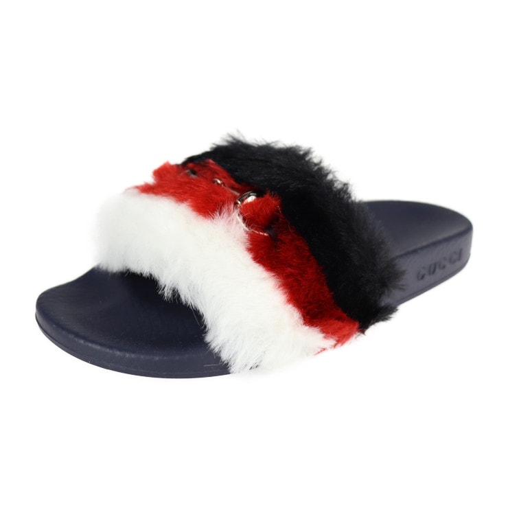 新品未使用展示品 GUCCI グッチ サンダル 526176 ホースビット 表記サイズ 30 フェイクファー ラバー ネイビー 黒 赤 白 ゴールド金具 参考サイズ19cm キッズ 本物保証 中古