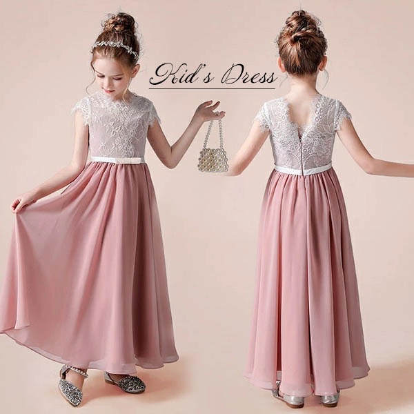 キッズドレス ピアノ発表会 中学生 ワンピース ドレス 女の子 子供ドレス 160 子供 ドレス ロング 袖付き 袖あり 結婚式 フレアスカート バイカラー レース ちょこっと袖 七五三 可愛い 上品