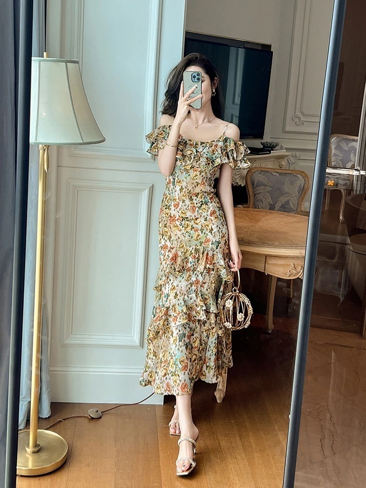 【JY.上品】 キャミワンピース オフショル 夏 柄ワンピース フリル ドレス パーティー キャバ 着痩せ 大人 お呼ばれ 同窓会 披露宴 卒業式 結婚式 ウェディング 二次会 成人式