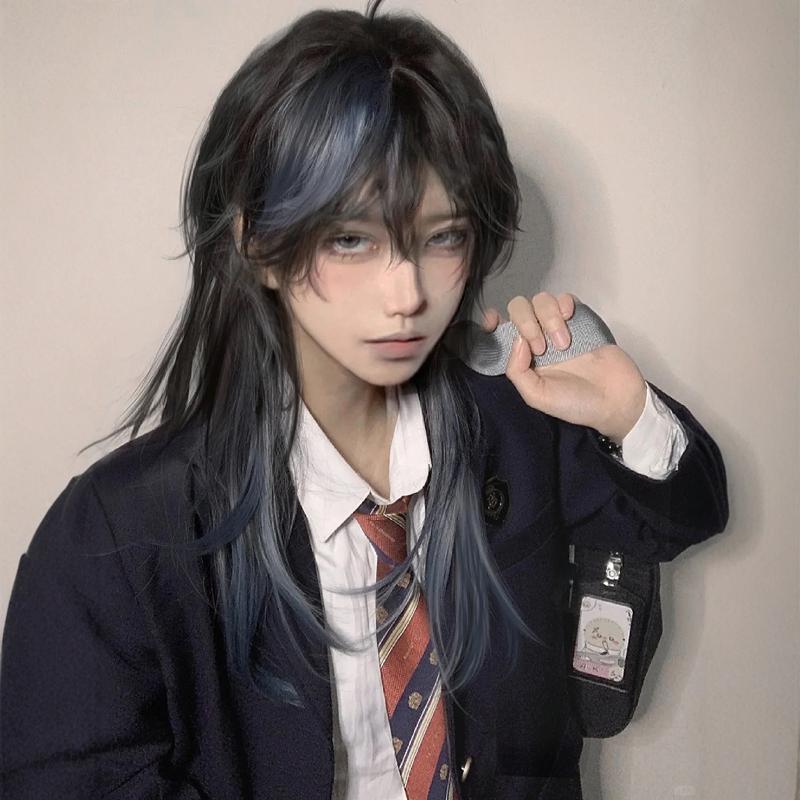 【20点セット】メガ割ウィッグ ウルフテールウィッグ ブラック＆ブルー 毎日使えるピック