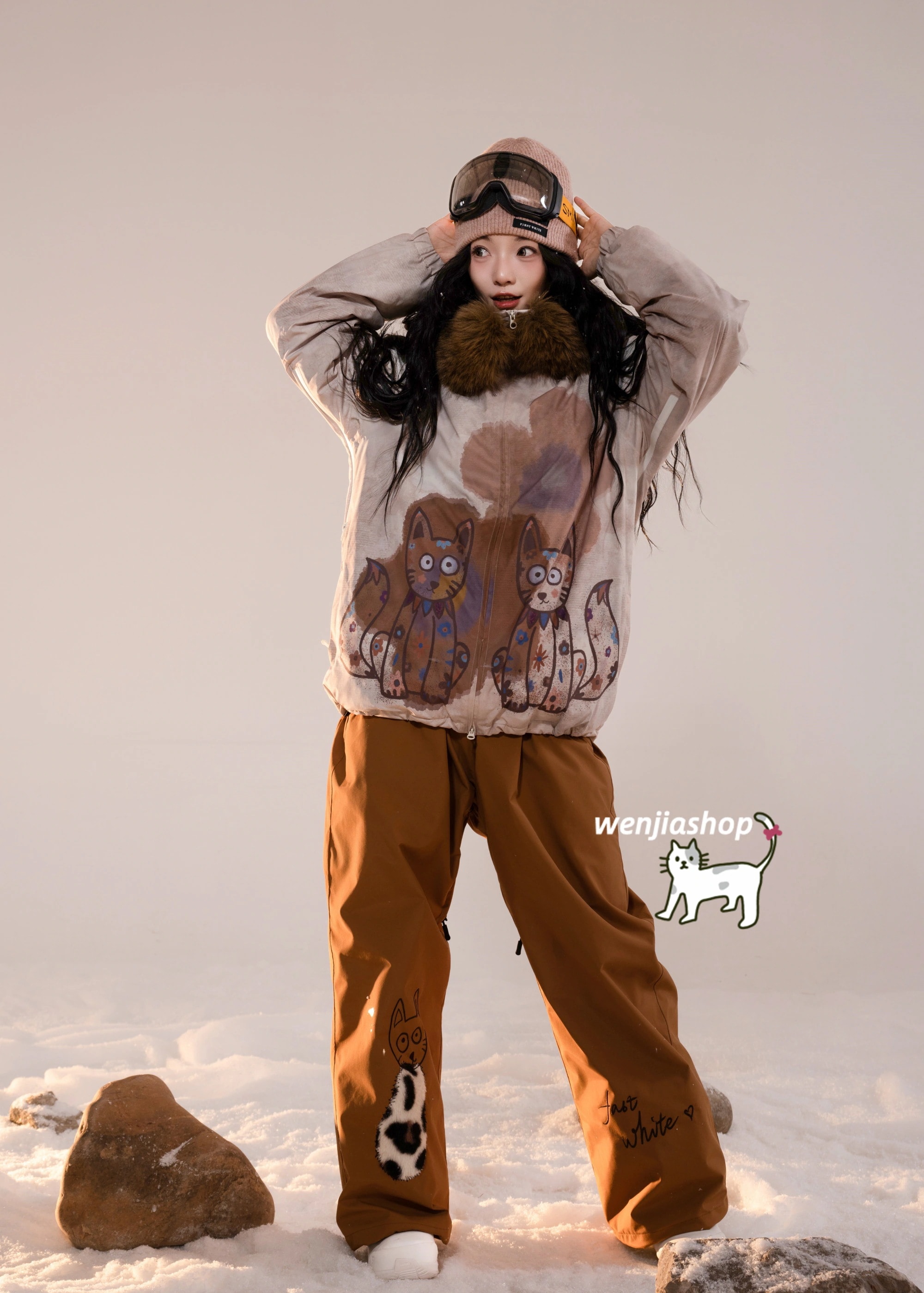 今すぐ購入超低価格特製 零食用的スノーボードウェア 2026 2026 上下セット キッズ 子供 男の子 女の子 メンズ レディース ジャケット パンツ ズボン 猫柄 可愛い 3L 韓国風 スノボウェ 18,229円