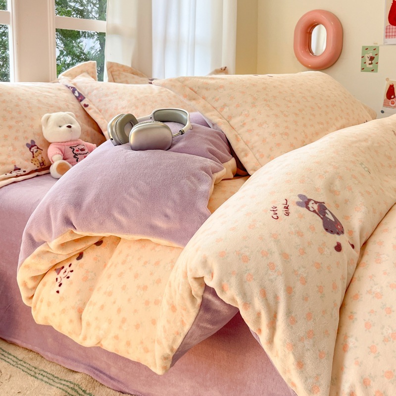 秋冬用ガーリーな漫画ミルクフリース寝具4点セット厚手のコーラルフリースシングル掛け布団カバーと3点シーツセット
