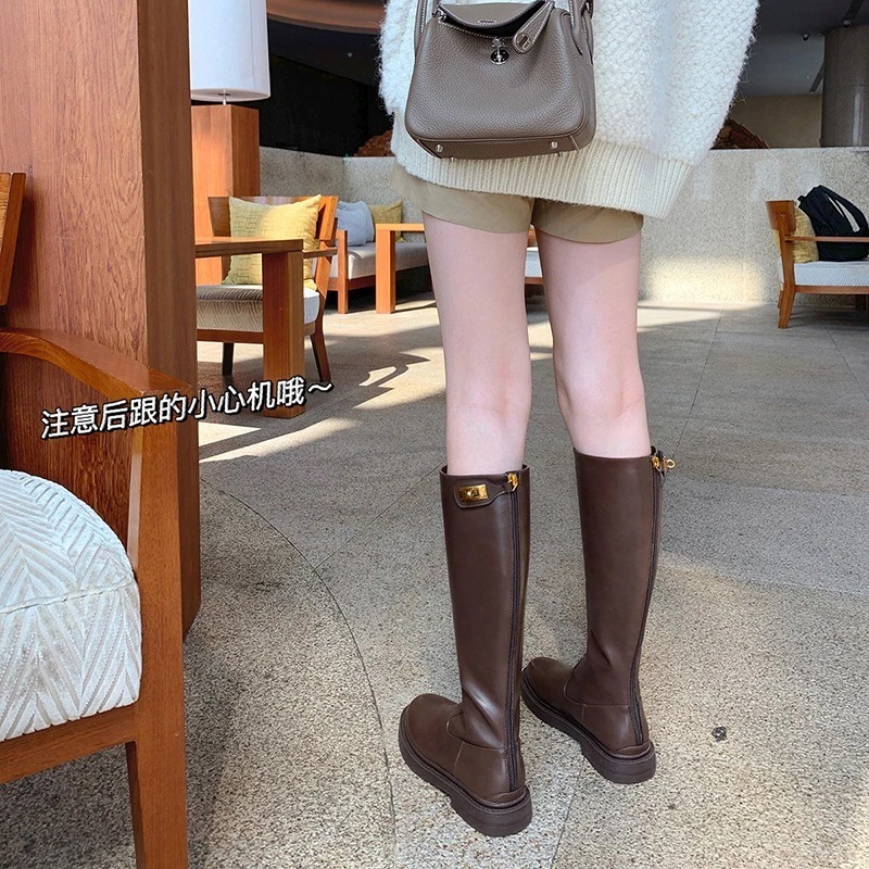 モデルのブーツ女性 美脚 快適性ロングナイトブーツレディースシングルブーツハイヒール厚底ブーツブラウンの太め足ブーツ