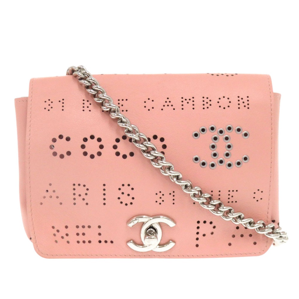 美品 パンチング ココマーク ショルダーバッグ レザー ピンク 0449【中古】 レディース