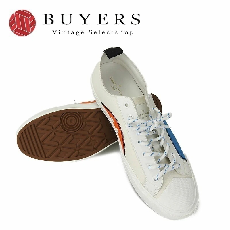 中古 ルイヴィトン スニーカー ローカット モノグラム タトゥーライン LOUIS VUITTON 7 1/2 キャンバス レザー ホワイト ブルー オレンジ メンズ 男性 靴 sneakers mo