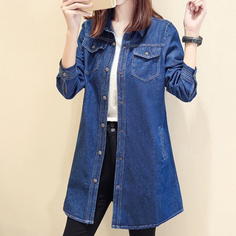 ニューヨークのおしゃれなカジュアルディープジンチョンロングシャツデニムワンピース型南方切節デニムジャケットシャツ