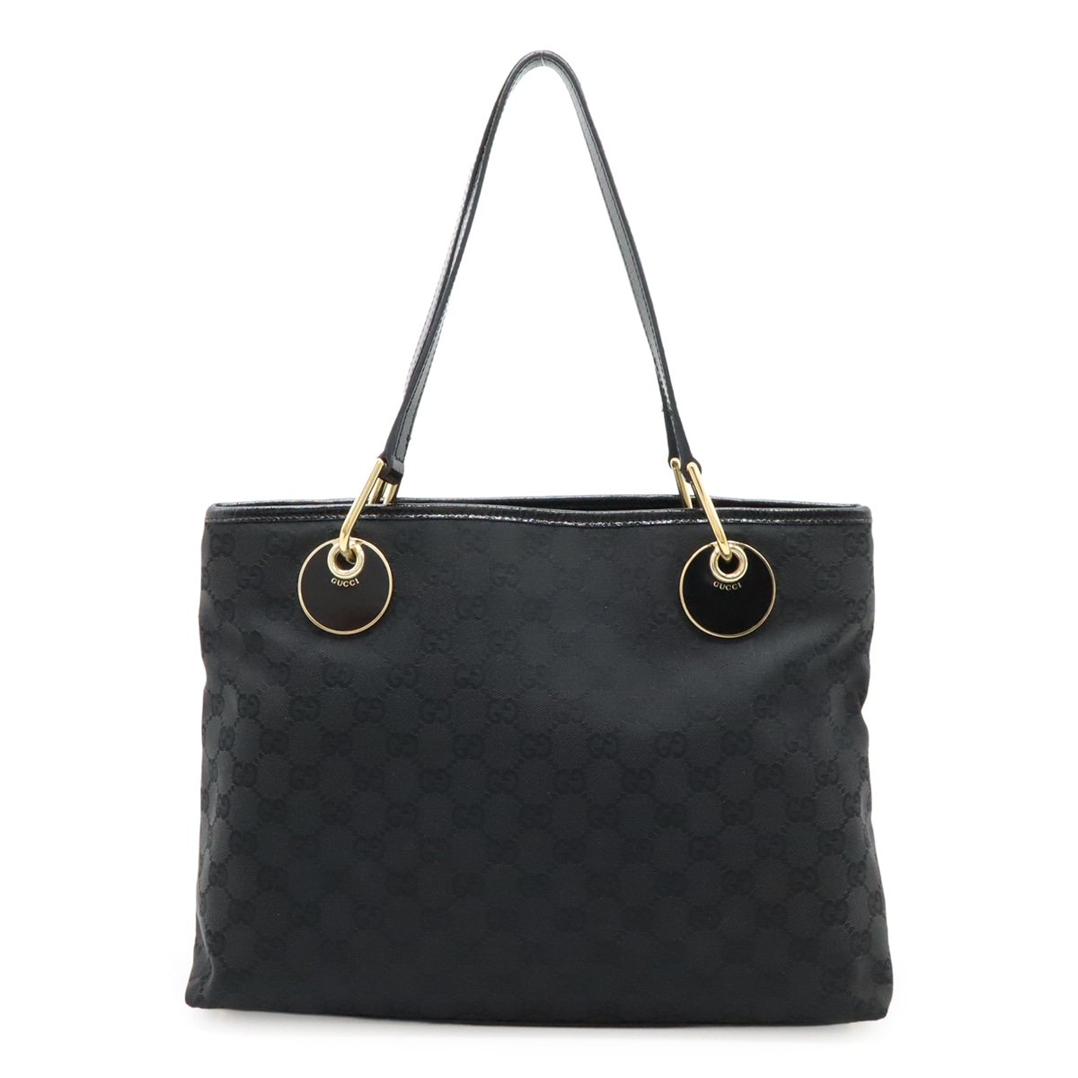 GGキャンバス トートバッグ ショルダーバッグ セミショルダー 肩掛け パテントレザー ブラック 黒 ゴールド金具 12083