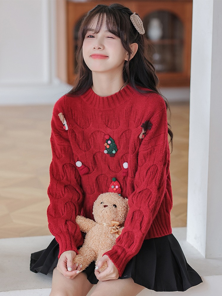 新年正月赤ジャンパーレディース秋冬新作クリスマスウェア服トップス小人