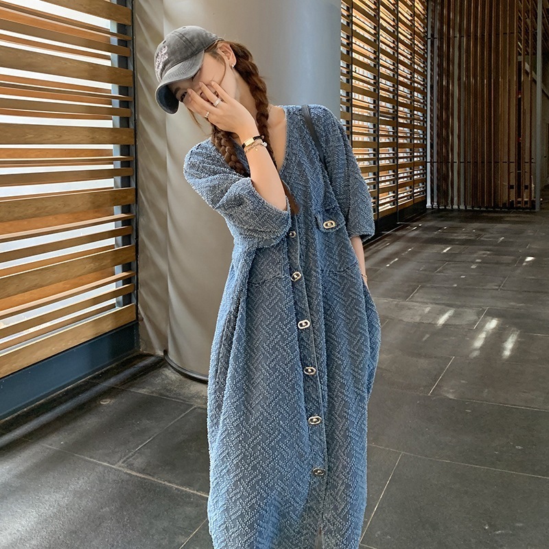 本物のカウボーイドレス女性夏2024新しい韓国のファッション緩い薄いカジュアルVネックロングスカート