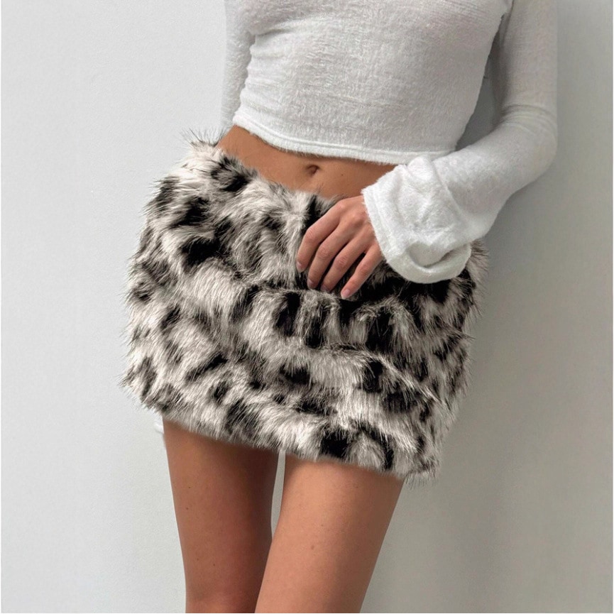 レトロでセクシーなヒョウ柄のファーミニスカートホットガールのボディコンスリミングスーパーショートスカートファッショナブルでスリミングなミディスカート