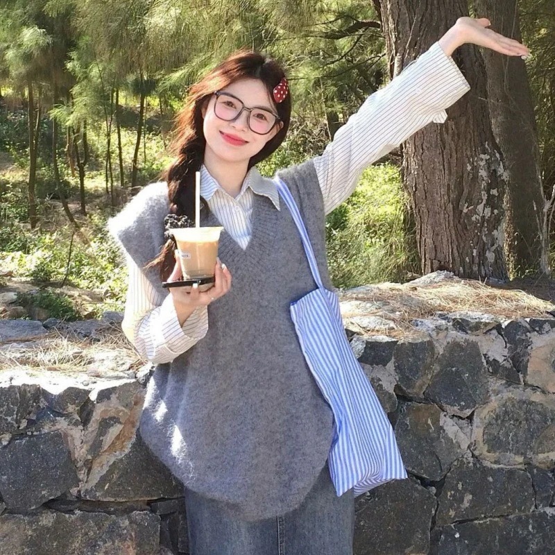 ハイエンドのカスタマイズ-スーツワンピース韓国風プリンセス風レトロニットベストセーター女子学生春新作+ストライプシャツ 5,110円