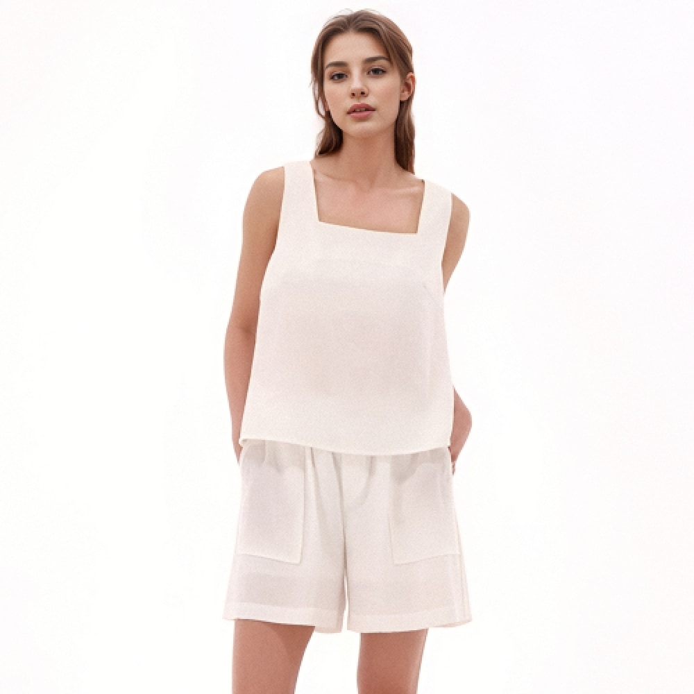 ACUD スクエアネックスリーブレストップ_ホワイト