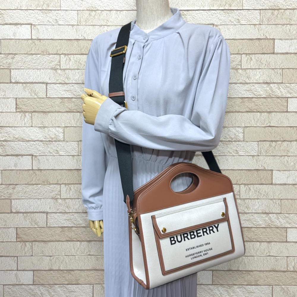バーバリー ミディアム ロゴポケット ショルダーバッグ キャンバス 8036784 ベージュ BURBERRY 中古 美品 82,280円