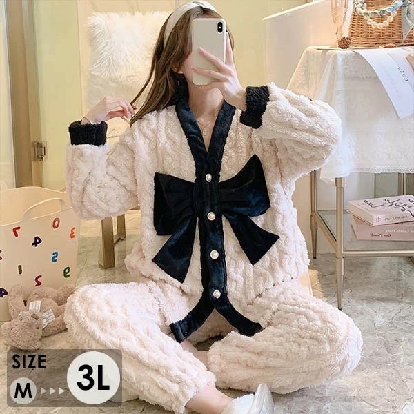 もこもこパジャマ レディース ビッグリボン 冬 かわいい 長袖 ルームウェア もこもこ モコモコパジャマ パジャマ 部屋着 寝間着 おうち時間 女性用 ふわふわ 前開き 上下ゼット 可愛い 韓国 暖か