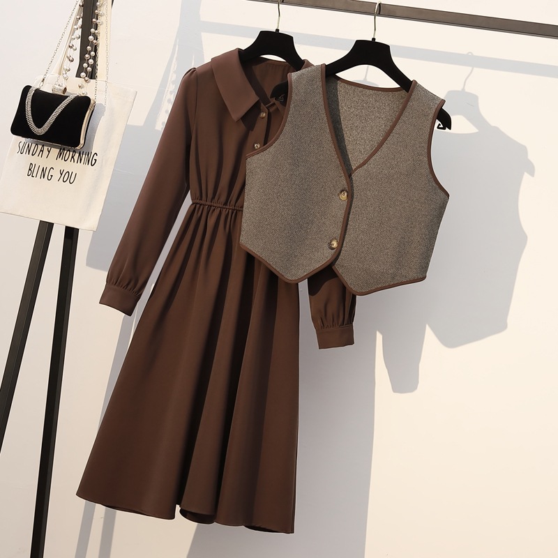 ワンピース セットアップ ベスト シャツワンピース ミモレ ミモレ丈 ロング ロング丈 袖なし 長袖 襟付き ウエストマーク ウエストリボン 2点セット 個性的 M L XL 2XL 3XL