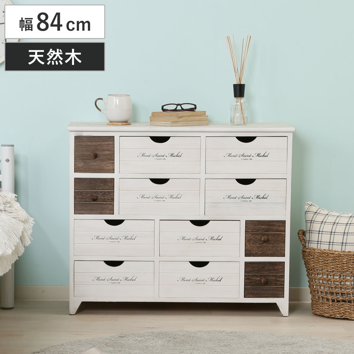 ワイドチェスト 幅84cm 3列4段 アンティーク調 収納 棚 ワイド キャビネット タンス 桐 完成品 リビング収納 家具 引き出し 防カビ 防虫 ホワイトウォッシュ おしゃれ