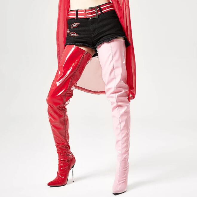 【急速出荷!】レディースブーツ　ニーハイブーツ　エナメル　11cm　超ハイヒール　光沢　ロング丈　秋冬　春秋　サイハイブーツ　大きいサイズ　26.5cmまで　小さいサイズ　ピンヒール　スーパーロングブ