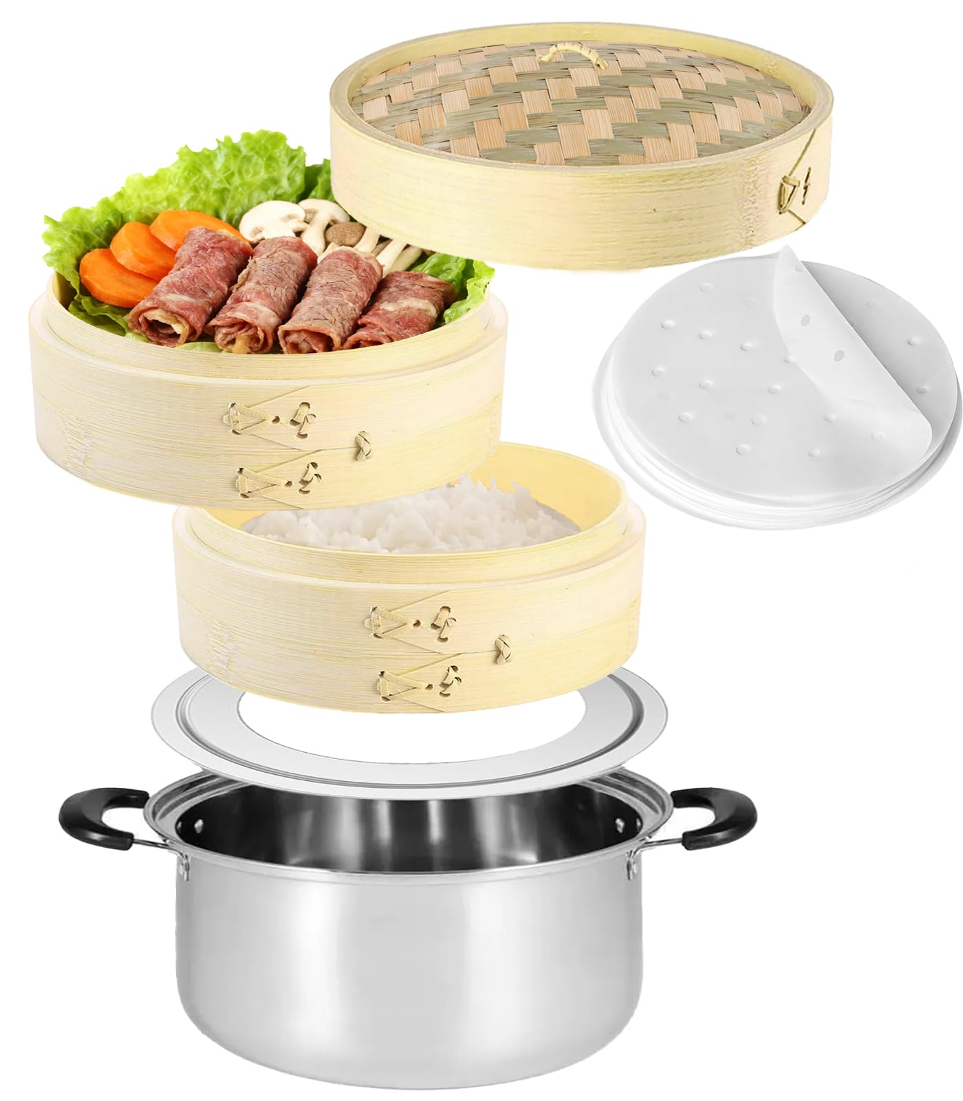 職人手作り 竹せいろ 直火・IH 蒸篭専用鍋つき 竹セイロ 蒸し器 竹蒸篭 天然竹 中華せいろ 業務用 蒸篭 2段 本体2個+蓋１個セット+ステンレス セイロ鍋セット+セイロ専用用紙 100枚付 (竹 4,636円