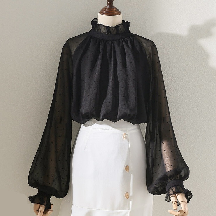 トップス レディース シャツ ブラウス プルオーバー 長袖 ボリューム袖 フリル 薄手 透け感 シースルー かわいい 大人可愛い 大人 上品 きれいめ シンプル カジュアル おしゃれ お洒落 大人女子