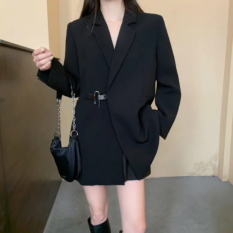 レディース メタルフックジャケット アウター テーラードジャケット セミロング丈 ビッグシルエット